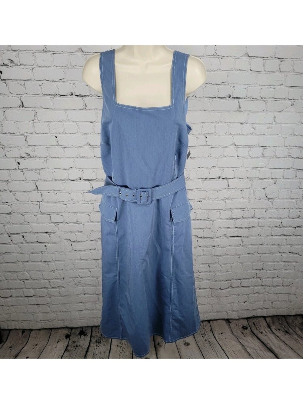 NWT Tahari ASL Blue Belted Sleeveless Square Neck Lined Midi Dress Size 16W